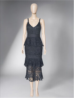 Little Mistress Black Lace Ruffle Midi Dress – Size 6